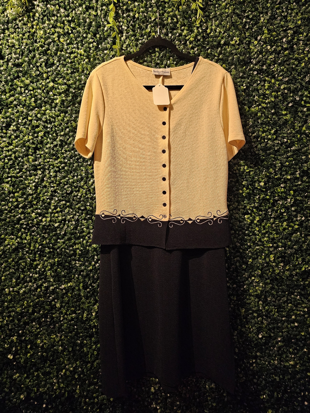 Vintage 80s Nicole NY Two-Tone Yellow and Black Button-Front Skirt Set